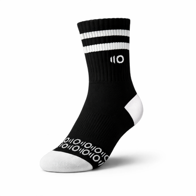 Black sock with white stripes and text on a transparent background