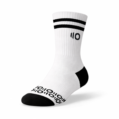 White sock with black stripes and logo on a white background
