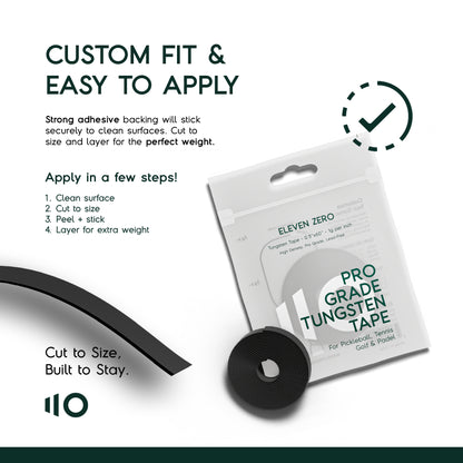 Eleven Zero Pro Grade Tungsten Tape with adhesive backing, shown with packaging and application steps for easy, customizable fit.