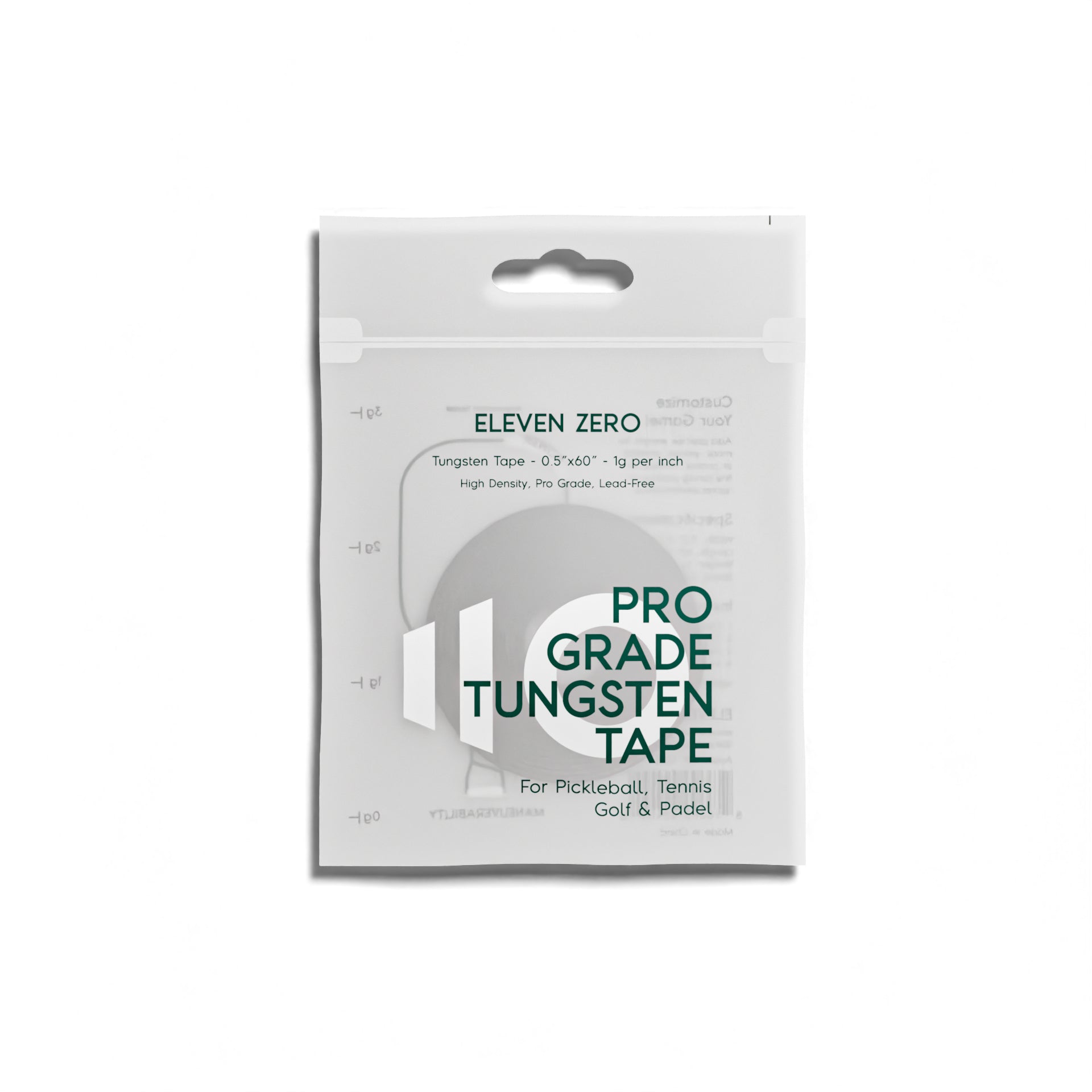 Front view of Eleven Zero Pro Grade Tungsten Tape packaging in white, designed for pickleball, tennis, golf, and padel equipment.