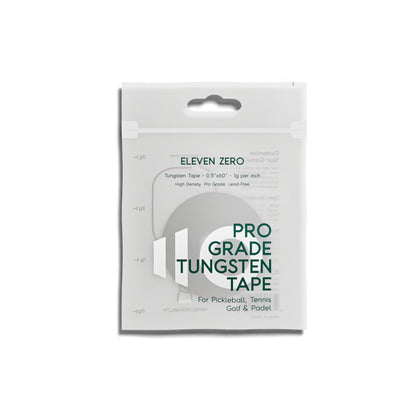 Front view of Eleven Zero Pro Grade Tungsten Tape packaging in white, designed for pickleball, tennis, golf, and padel equipment.