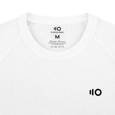 White t-shirt with brand logo and text on a white background