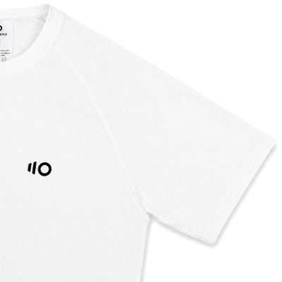 White t-shirt with a black logo on a white background