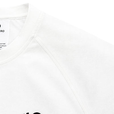 White t-shirt with black text and branding on a white background