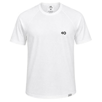 White t-shirt with a black logo on a white background