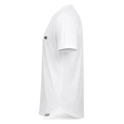 White t-shirt with a logo on the sleeve against a white background