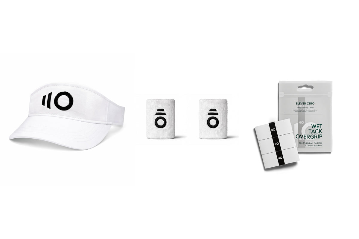 White sports visor with two white wrist sweatbands and three white overgrips