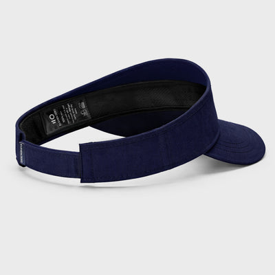 Navy blue visor with brand label on a white background