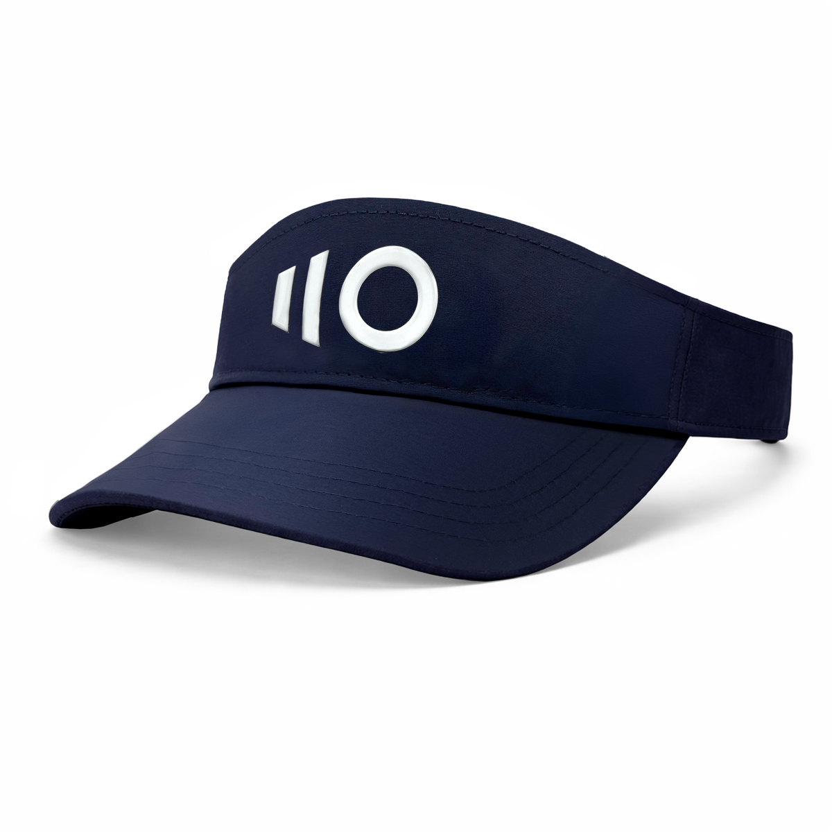 Navy visor with a white logo on a white background