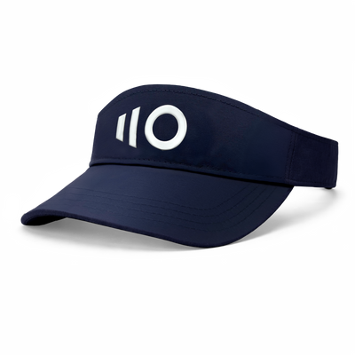 Navy visor with a white logo on a white background