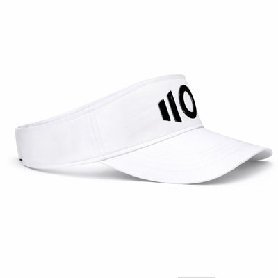 White visor with black logo on a white background