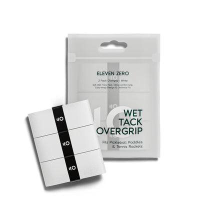 Front view of Eleven Zero Wet Tack Overgrip 3-pack in white, showing clear packaging and minimalist design.