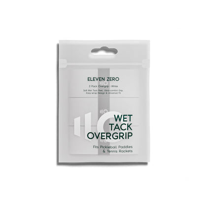 Eleven Zero Wet Tack Overgrip 3-pack packaging in white, designed for pickleball paddles and tennis rackets.