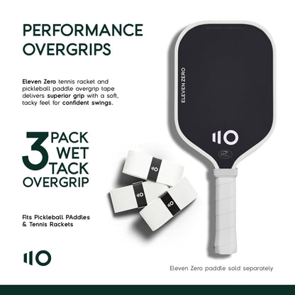 Eleven Zero pickleball paddle with white overgrip tape beside three-pack Wet Tack Overgrip, showcasing performance grip for confident swings.
