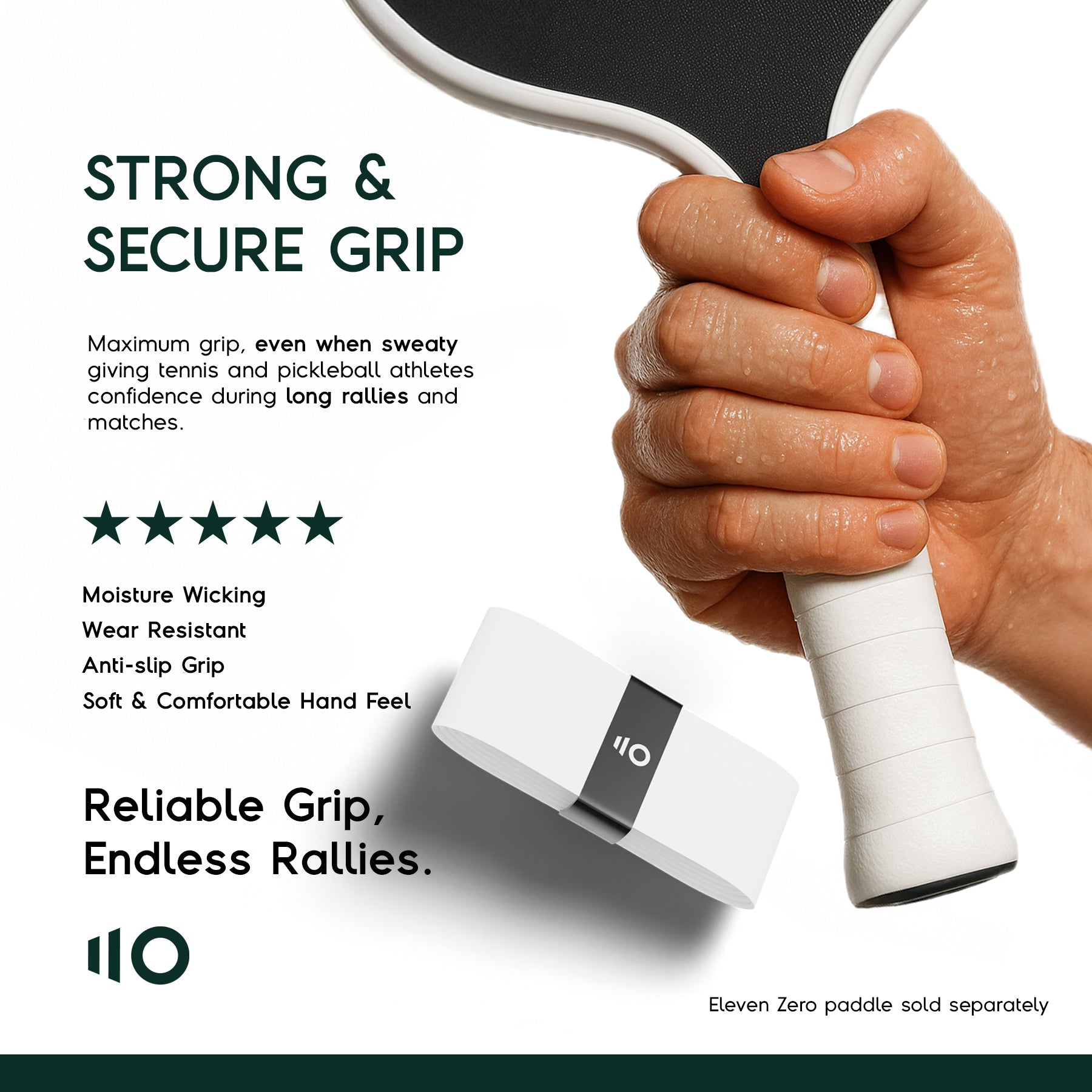 Close-up of a hand gripping an Eleven Zero paddle wrapped with white overgrip, emphasizing strong, moisture-wicking grip performance.