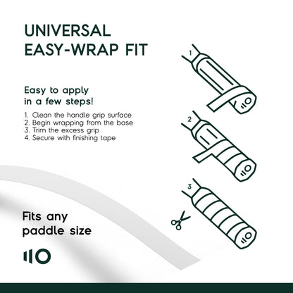 Eleven Zero Wet Tack Overgrip installation guide showing easy-wrap steps for fitting any paddle handle.