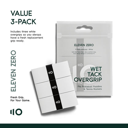 Eleven Zero Wet Tack Overgrip value pack with three white grips and retail packaging for pickleball paddles and tennis rackets.