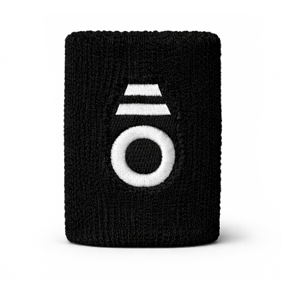 Black wristband with a white logo on a white background