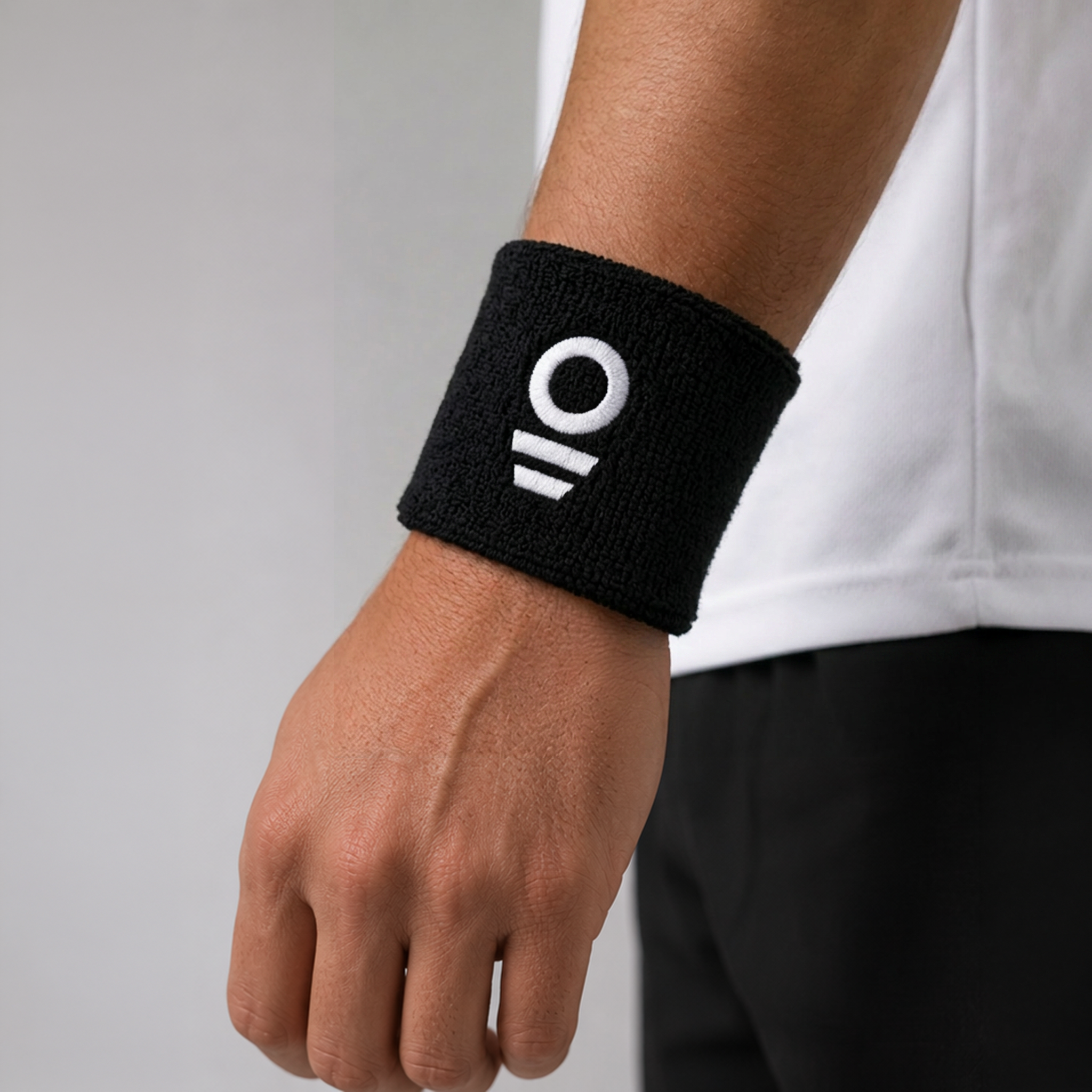 Black wristband with a white logo on a person's wrist against a neutral background