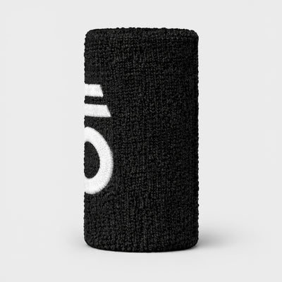 Black wristband with a white logo on a light gray background